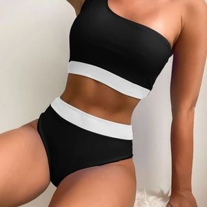 WOMENS contrast trim one shoulder high waisted bikini swimsuit